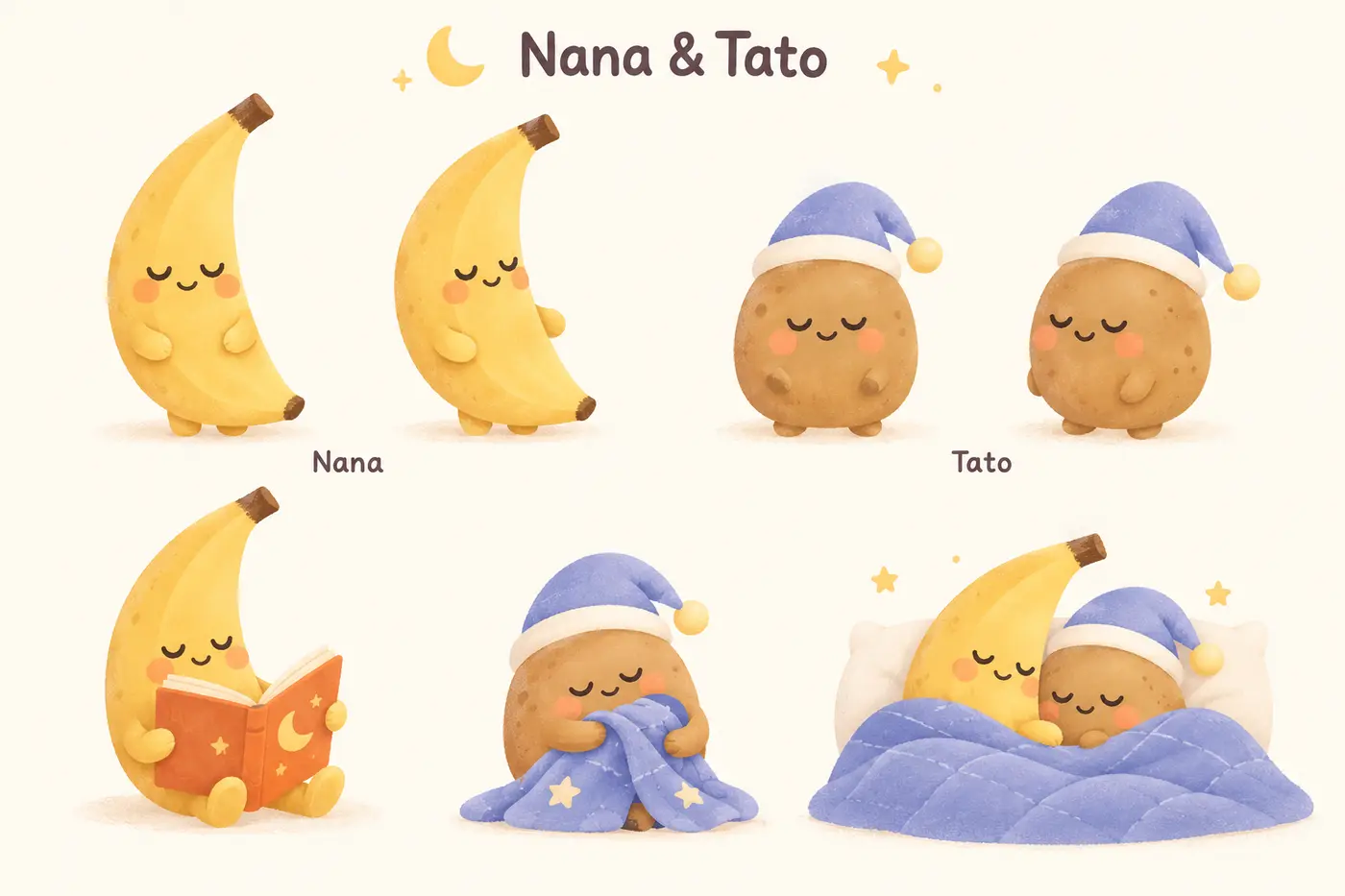 Nana and Tato character sheet with standing, reading, blanket-hugging and sleeping poses